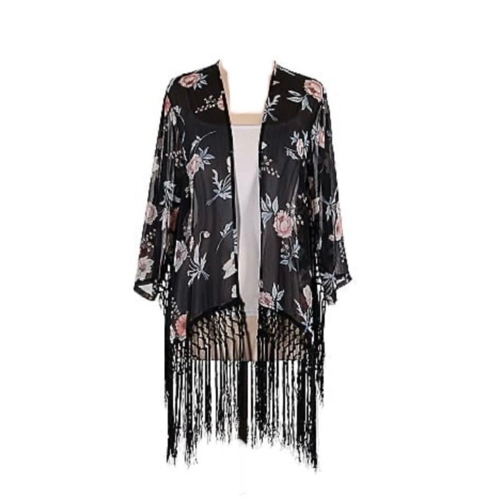 Festive Western Torrid Open Front Floral Boho Fringe Kimono Top Size 4X
